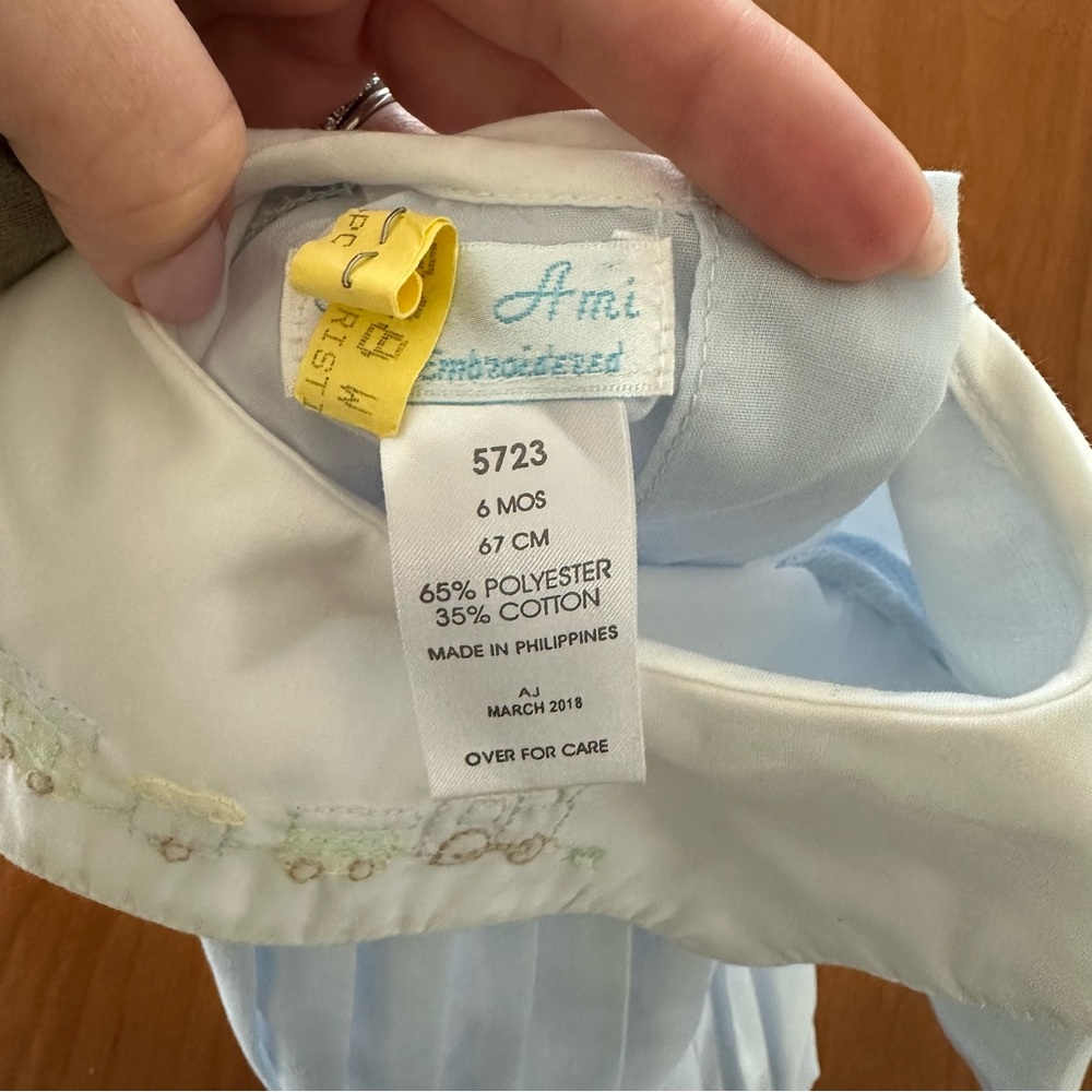 Petit Ami pleated bubble with train embroidery 6 months Light Blue Baby Romper - Picture 4 of 4